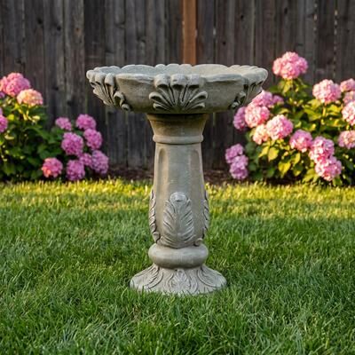 Meedzom 23.6 Inch GFRC Bird Bath with Leaf Carvings Pedestal