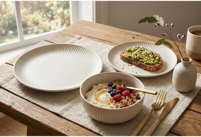 Safdie & Co. H2K Sesame 12-Piece Embossed Stoneware Dinnerware Set, Service for 4, Speckled Bone White