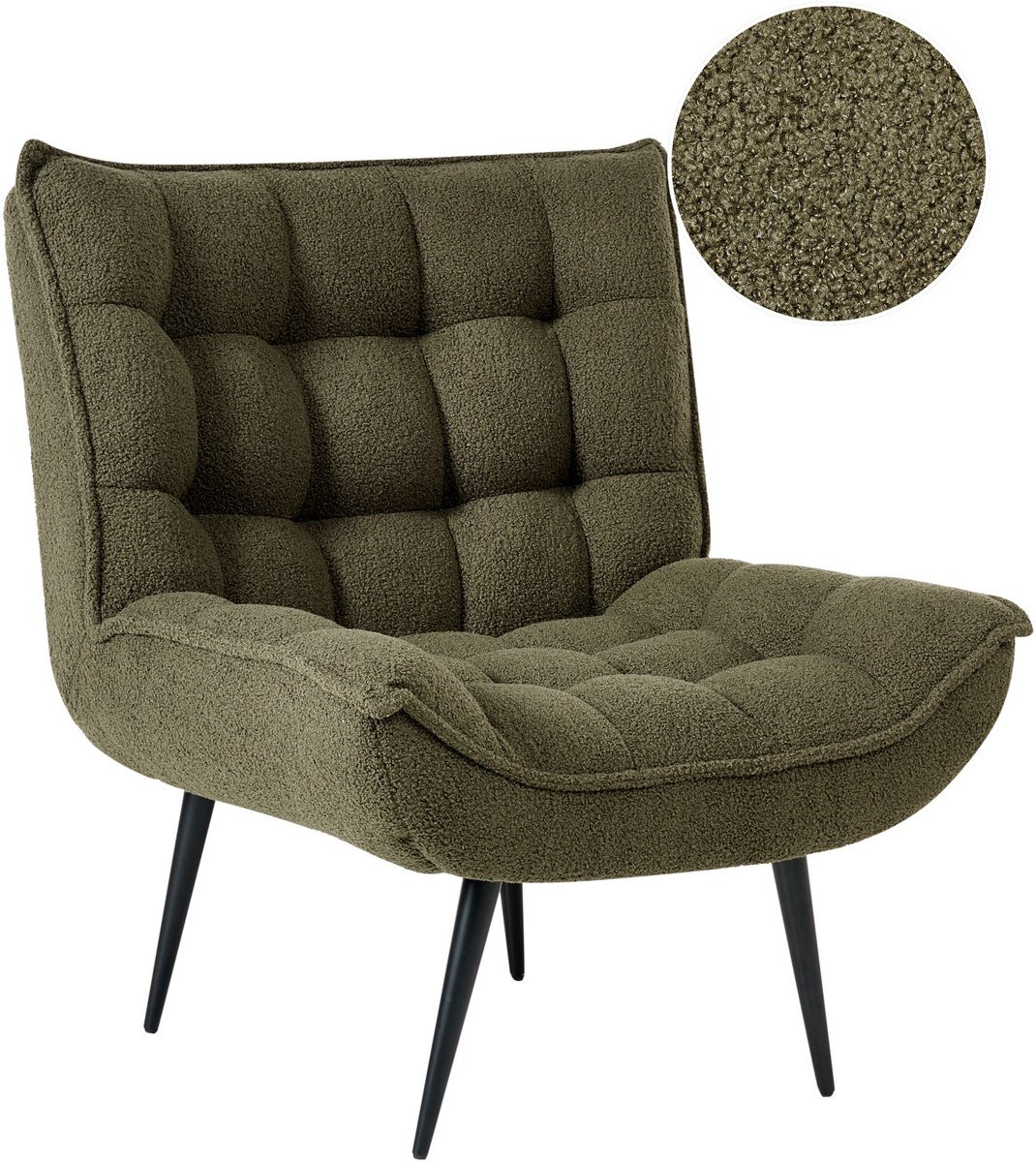 Alvesta Moderne fauteuil zonder armleuningen in donkergroene bouclé met zwarte ijzeren poten