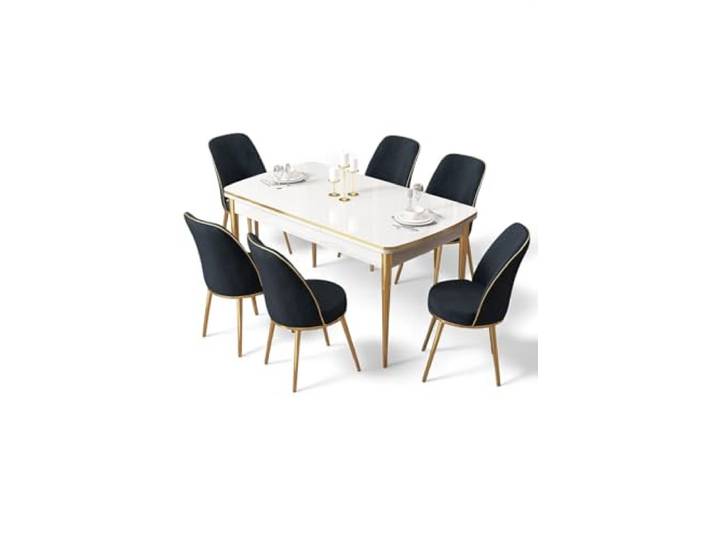 Hanah Home Extendable Dining Table & Chairs Set (7 Pieces), White & Gold/Anthracite, 100% MDF, Metal Legs, Modern Design, Perfect for Dining Rooms