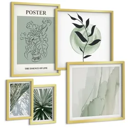 BILDER SET 5er Set - 50x50 cm & 20x30 cm & 40x60 cm Goldrahmen - Grün-beige Pflanzenmuster