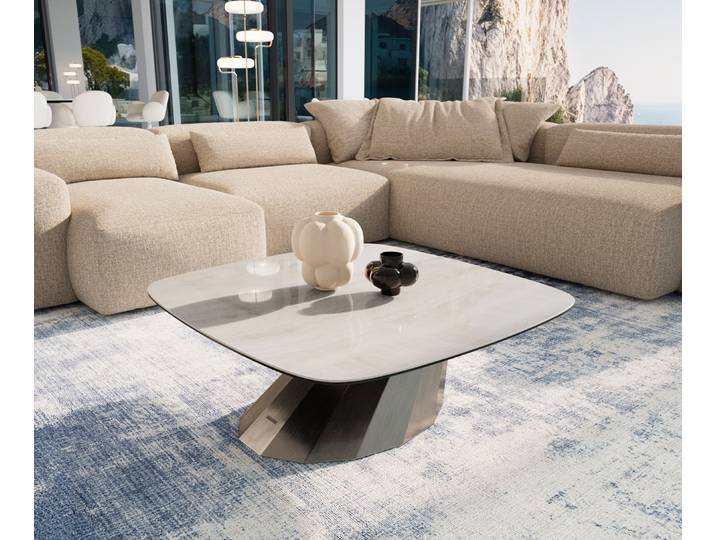 Couchtisch Edge Boot 90x90 cm Keramik Onyx Champagne Parabi Edelstahl gebürstet, Couchtische