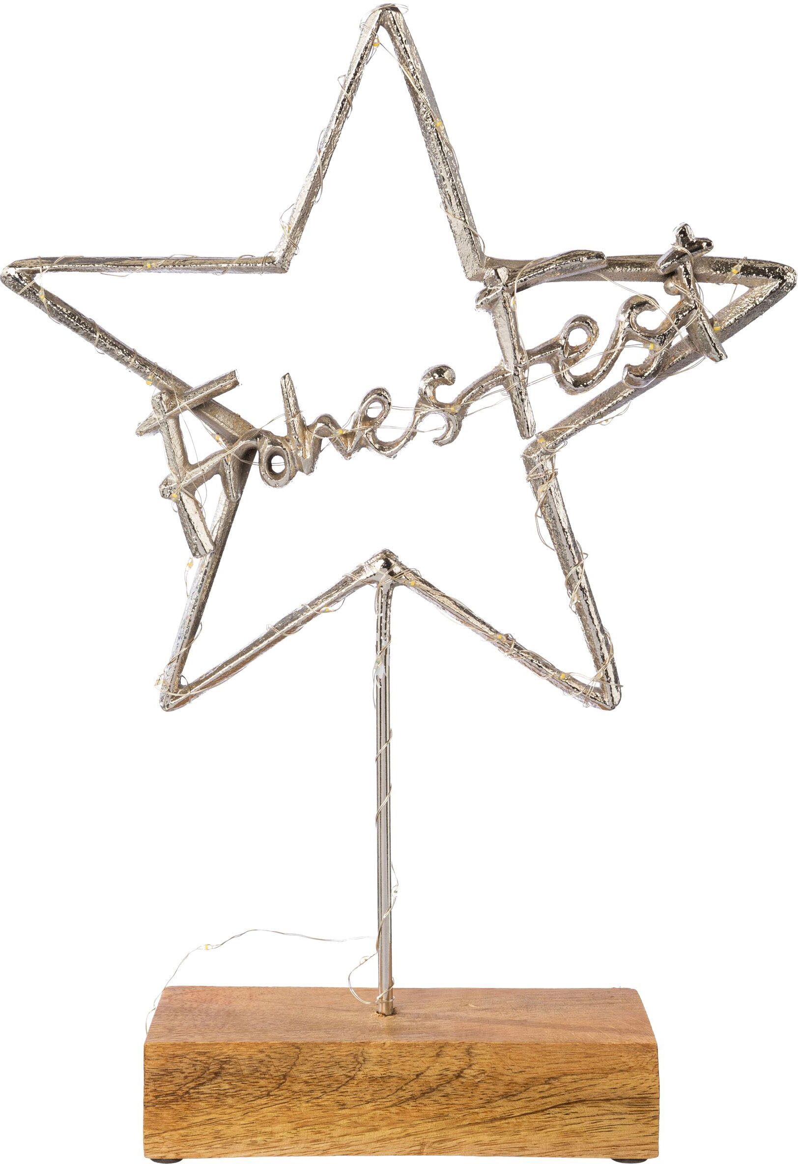 Dekoobjekt CREATIV DECO "LUMEN, Deko-Stern mit Schriftzug "Frohes Fest", silber (silberfarben), B:31cm H:47cm T:7cm, Metall, Dekofiguren, Dekoobjekt, Weihnachtsdeko mit LED Beleuchtung, Batteriebetrieb silberfarben B/H/T: 31cm x 47cm x 7cm