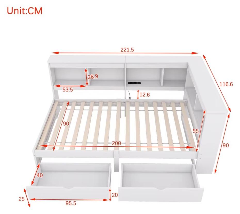 Daybed - Schlafsofa 90 x 200 cm - Zwei Schubladen - Steckdose - 2 USB-Anschlüsse - Lattenrost - Ohne Matratze