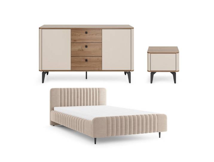 Deine Möbel 24 Komplettschlafzimmer AURO A Schlafzimmer Möbelset in Kaschmir / Royal Nussbaum, (Schlafzimmer-Set Möbel Set, 3-tlg., Modernes Design & Viel Stauraum), inkl. Polsterbett, Sideboard & Nachttisch AURO