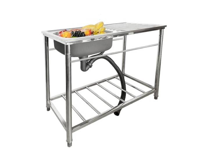 ZQFHSX Freistehende Edelstahl-Küchenspüle, Gewerbe-/Industriespüle mit Arbeitsfläche und Ablageflächen, Handwaschbecken mit Armatur für Wäschezwecke, Silber