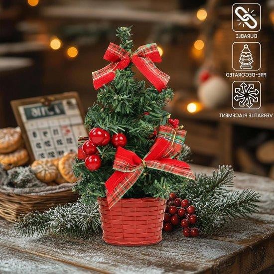 Set van 3 mini kunstkerstbomen met LED-verlichting en decoratie, Hoogte: 20 cm