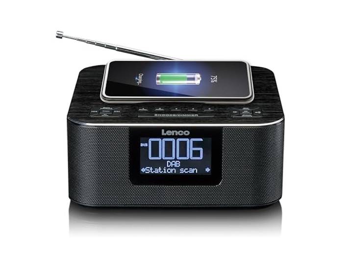 Lenco CR-650 DAB+ Radiowecker - Uhrenradio mit DAB+ und FM - 20 Senderspeicher - Schlummerfunktion - 2 x 2 Watt RMS - LCD - USB und QI Lader - schwarz