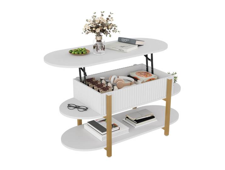 Shopentra Couchtisch mit Gasdruck-Höhenverstellung & Stauraum, weiß, Weiß, Holz, 38x50x106 cm, Wohnzimmer, Wohnzimmertische, Couchtische