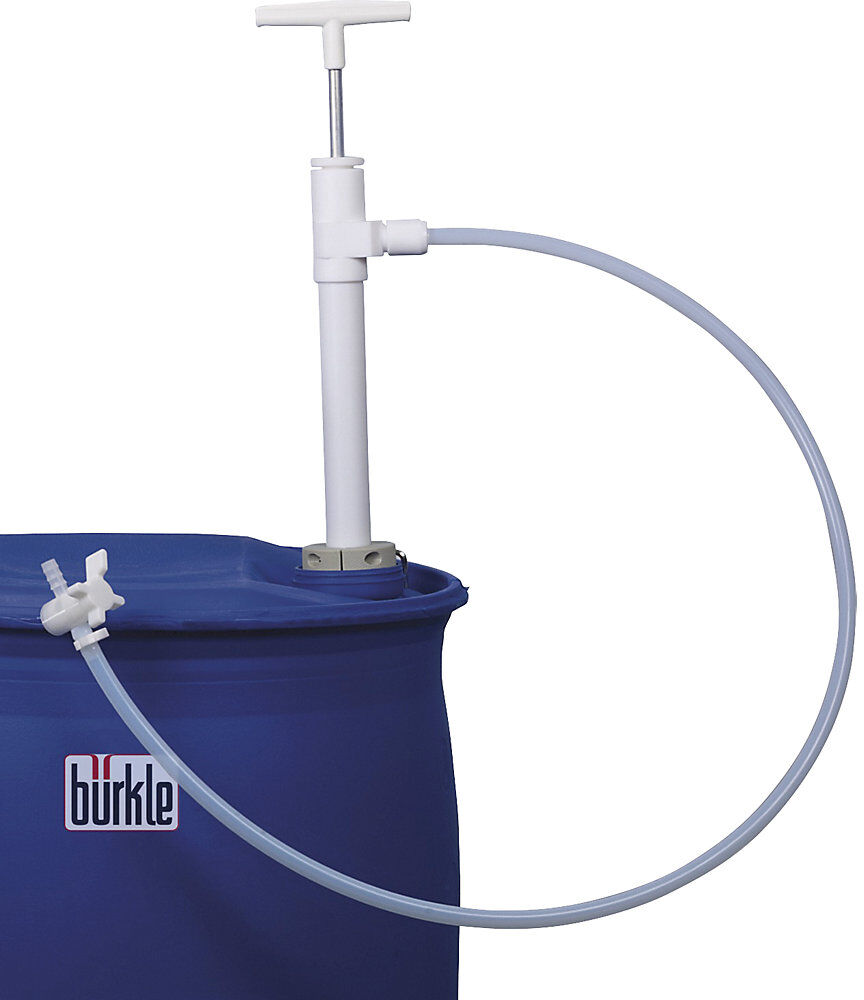kaiserkraft PTFE Fass-Handpumpe, mit Auslaufschlauch und Hahn, Eintauchtiefe 950 mm, 400 ml/Hub