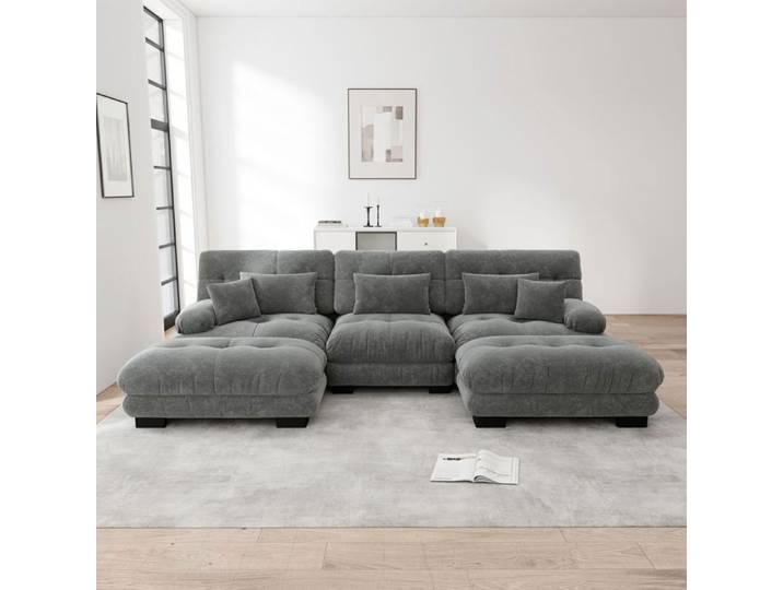 Canapé modulable - SOGEU - Canapé modulable en U - Tissu chenille gris - Confort nuage HR - Ottomans inclus