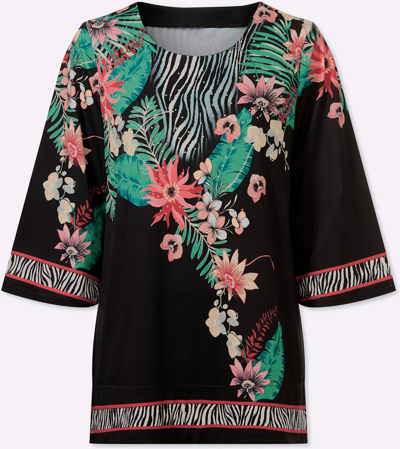 Tunikashirt LADY "Tunikashirt", Damen, Gr. 40, bunt (schwarz, flamingo, bedruckt), 95% Polyester, 5% Elasthan, gemustert, mehrfarbig, Rundhals, Shirts Tunikashirt