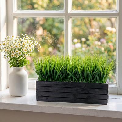 Garvee Artificial Greenery Realistic Faux Grass Plant for Home Decor – Rectangular Black Wooden Planter Box