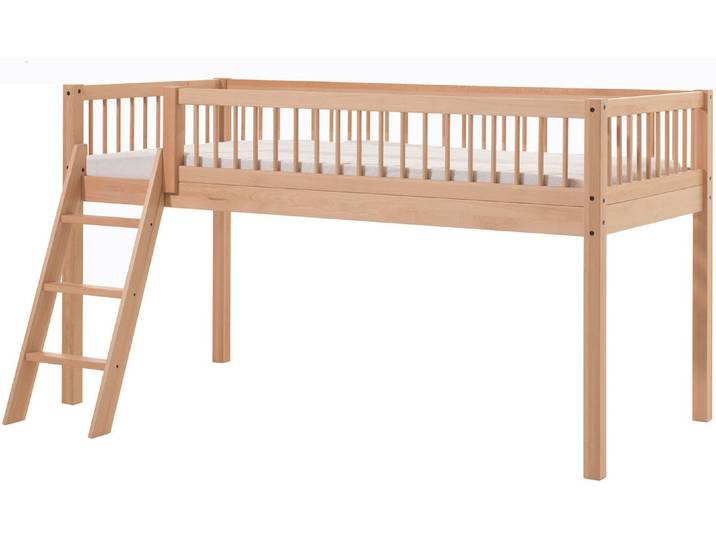 Spielbett VIPACK Forrest, Absturzschutz mit Sprossen-Optik, Pfostenstärken ca. 50x50mm , braun (buche natur lackiert, buche natur lackiert, buche natur lackiert), B:135,5cm H:114cm L:207,5cm, Betten, Spielbett, 90/200 cm, inkl. Vorhang-Set 3-tlg., Spielbereich unter dem Bett