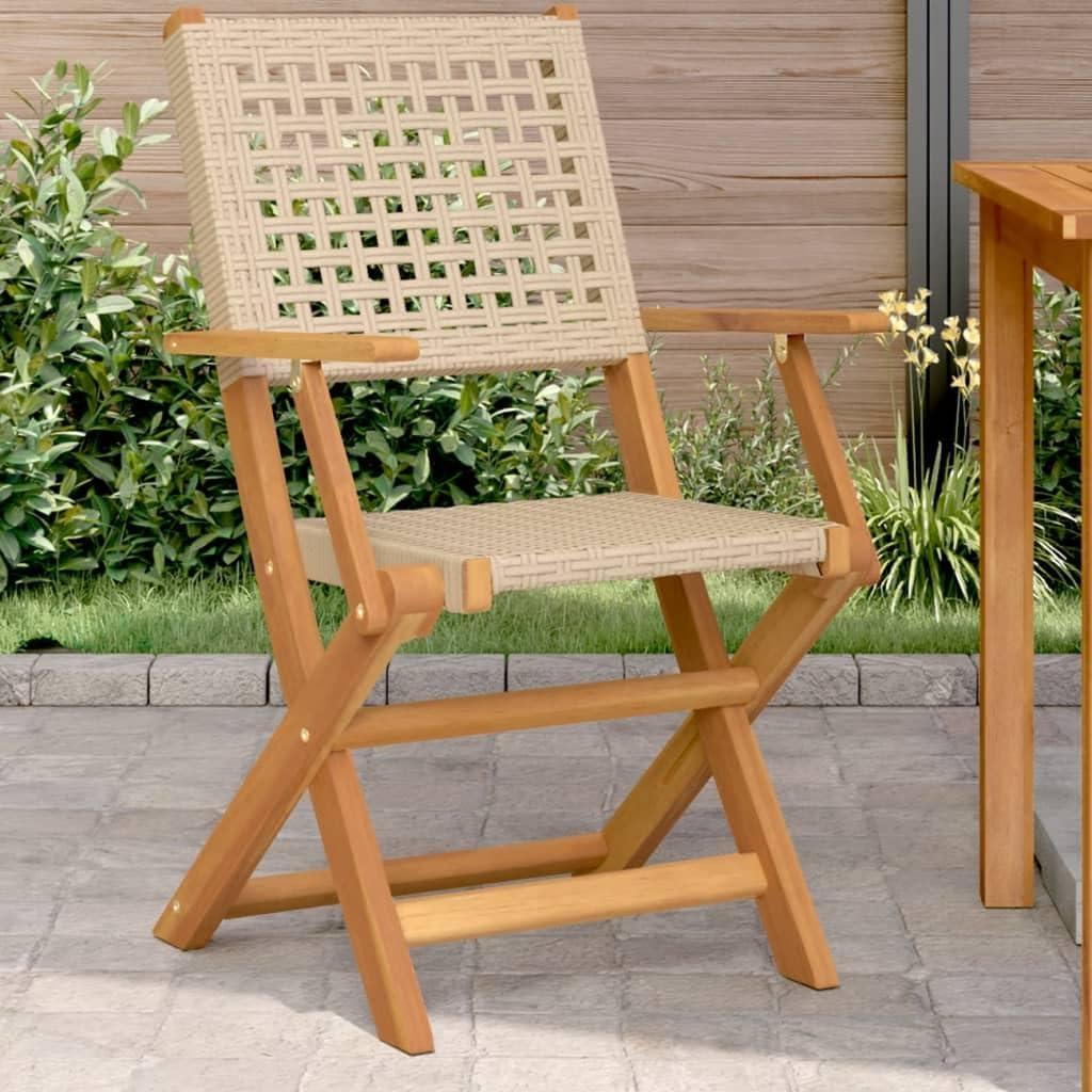 Beige Gartenstühle im 2er-Set aus massivem Akazienholz und Poly-Rattan, klappbar, für Terrasse und Balkon, 54x57x91 cm