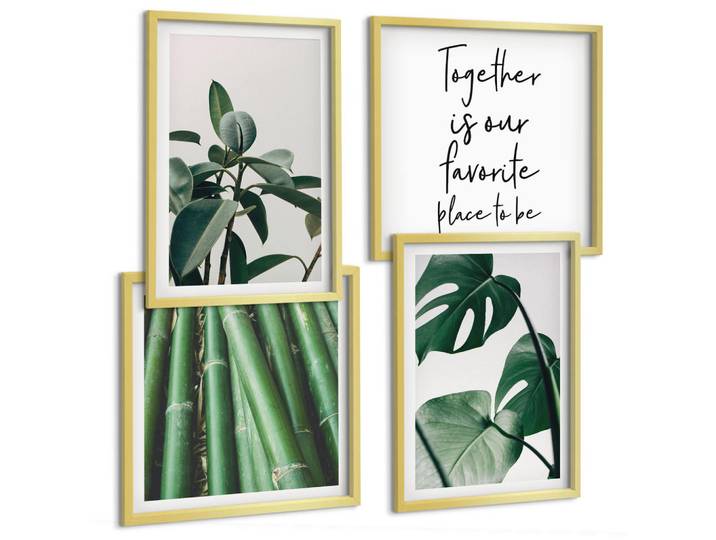 Tulup Bilder SET 4er Set - 50x50 cm & 40x60 cm Goldrahmen - Bambusblätter, Goldfarben, Kunststoff, Rechteckig, 50x50 cm, gerahmt, Bilder & Rahmen, Bilder