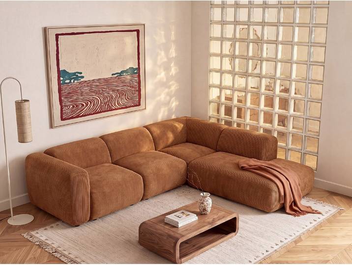 Großes modulierbares Ecksofa mit Récamiere-Rückenlehne aus Feincord in Terracotta von Maison Céphy POGNI