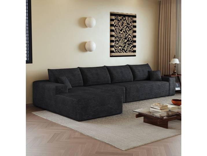 ROVRYN Canapé d'angle compressé modulable 4 places L gauche tissu corduroy noir sans montage