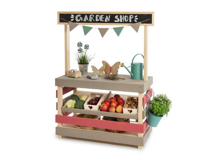 Muddy Buddy Kaufladen, Grau, Natur, Altrosa, Holz, Zypresse, massiv, 40x115x90 cm, EN 71, Spielzeug, Kinderspielzeug, Kaufladen & Zubehör