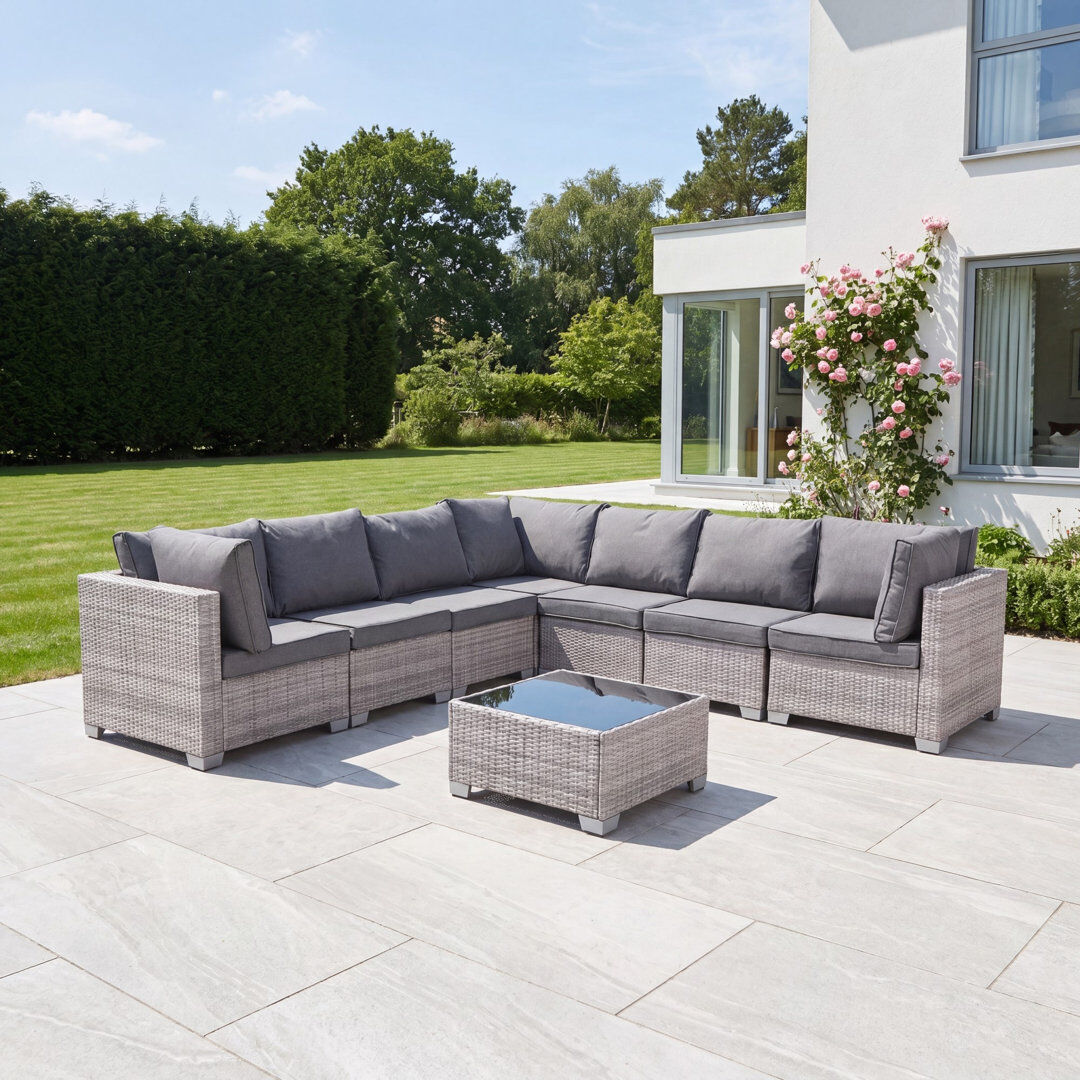 World Menagerie Saviano 7 Seat Modular Large L-Shaped Rattan Corner Set Grey 7