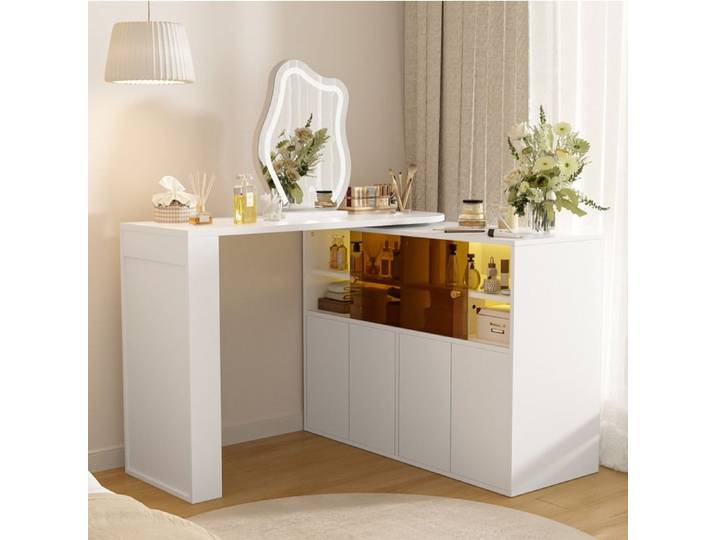 Coiffeuse d'angle rotative avec miroir LED blanche rangement multi-niveaux 177 x 40 x 131 5 cm