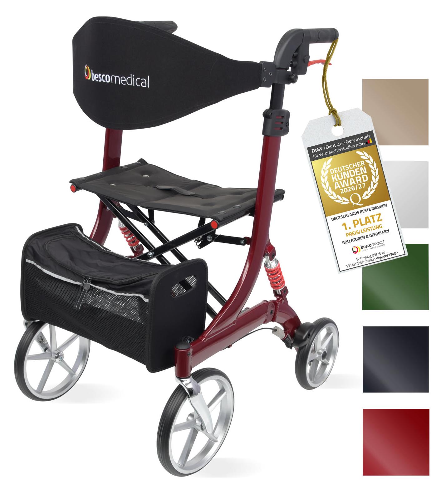 Leichtgewicht Rollator SPRING - Gehhilfe mit Komfort-Federung - höhenverstellbar & faltbar - Modell L Bordeauxrot - Bescomedical