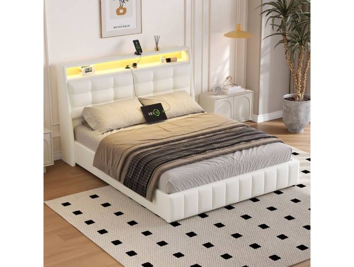 ULEVR lit plateforme rembourré 160 x 200 cm blanc avec LED 7 couleurs USB intégré tête de lit réglable