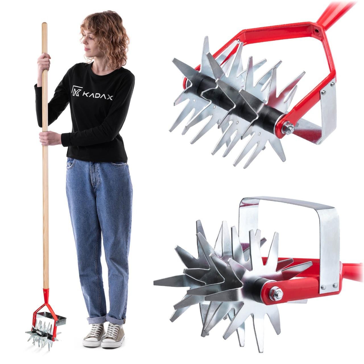 KADAX Cultivator Berget tuinfrees en verticuteermachine met houten handvat, 13 cm