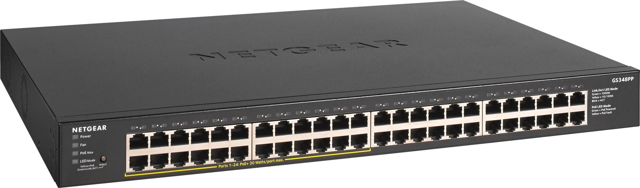 NETGEAR GS348PP Unmanaged Gigabit Ethernet (10/100/1000) Power over Ethernet (PoE) Schwarz, Unmanaged, Gigabit Ethernet (10/100/1000), Vollduplex, Power over Ethernet (PoE), Rack-Einbau