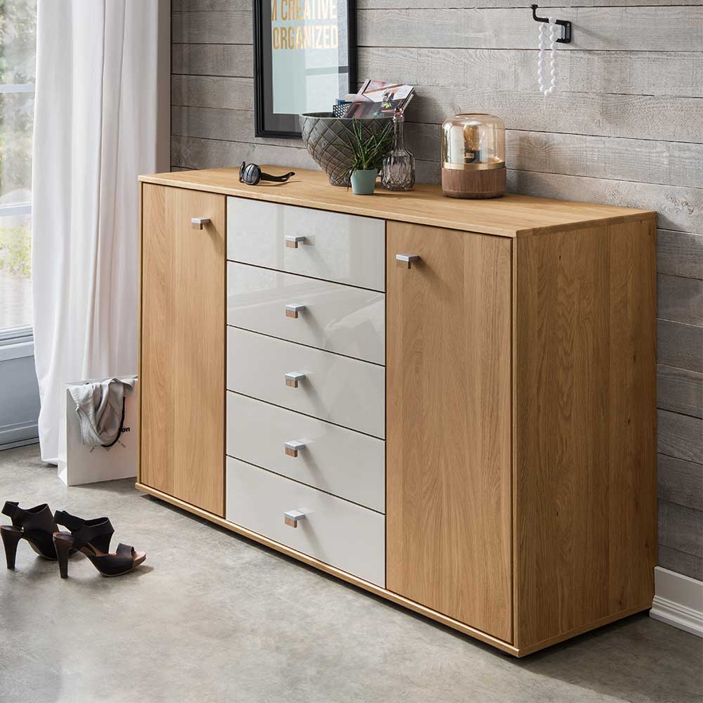 Pharao24.de Große Kommode in Beige Glas beschichtet Eiche teilmassiv