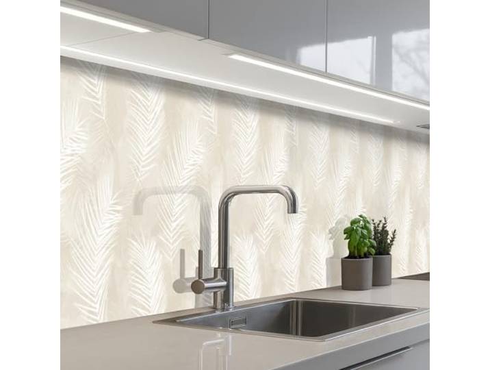 KitchenYeah© Rückwand Küche Rückwandschutz Selbstklebend Spritzschutz 60x400 cm - Küchenrückwand Küchenfront Küchen Selbstklebende Küchenrückwände Blätter - Beige - Weiß - Botanisch - Natur
