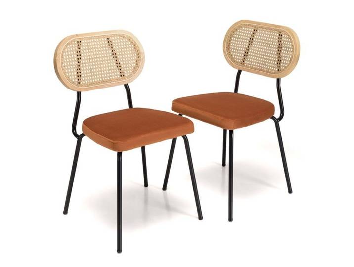 MACABANE AGATHE - Lot de 2 chaises métal noir assise velours orange ambré dossier rotin