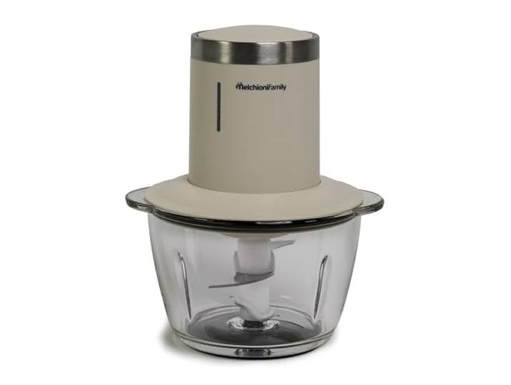 Melchioni Family Wiederaufladbarer kabelloser elektrischer Zerkleinerer, 1,2 Liter Glasbehälterkapazität, zweischichtige Klinge, Modell ESTER, Weiß