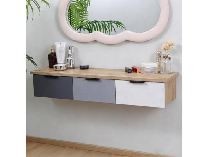 Schwebender Schminktisch, Schminktisch Wandmontage, Holz mit Schubladen 3 Aufbewahrungsschubladen, Vormontiert und Platzsparend für Schlafzimmer, Wohnzimmer und Arbeitsbereich(C)