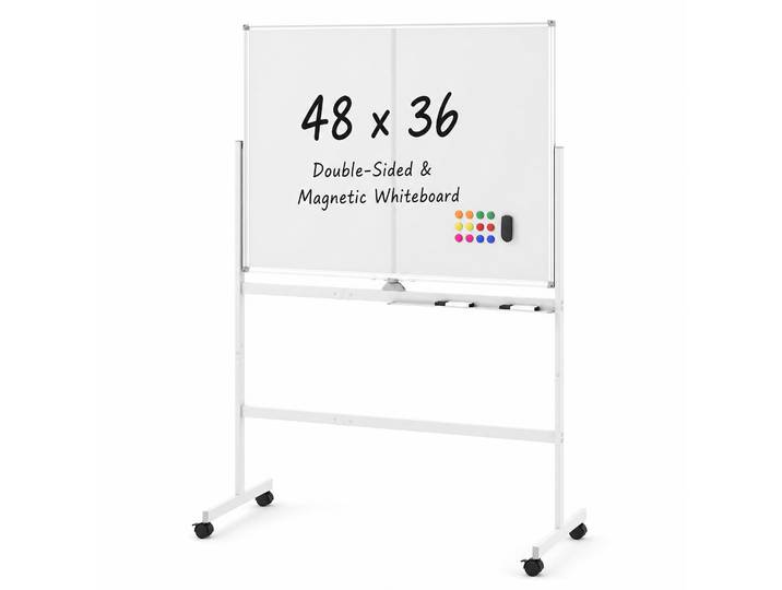 Mobiele Whiteboard met Standaard Magnetisch Bord Dubbelzijdig 360° Draaibaar Afsluitbare Wielen Inclusief Accessoires Wit