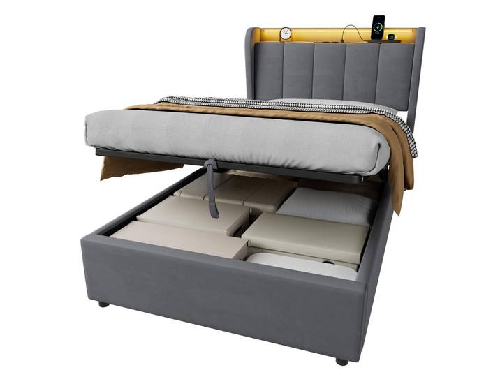 Okwish Polsterbett 90x200 cm Dunkelgrau aus Samt mit LED-Beleuchtung, hydraulischem Bettkasten und Ladeanschluss, 90x200 cm, Schlafzimmer, Betten, Polsterbetten