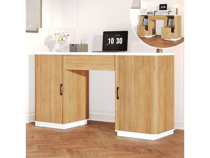 Bureau - ZEVKOR - Bureau droit relevable manuel - Plateau 2 hauteurs 78/92 cm - 2 tiroirs & 2 niches - Blanc & chêne