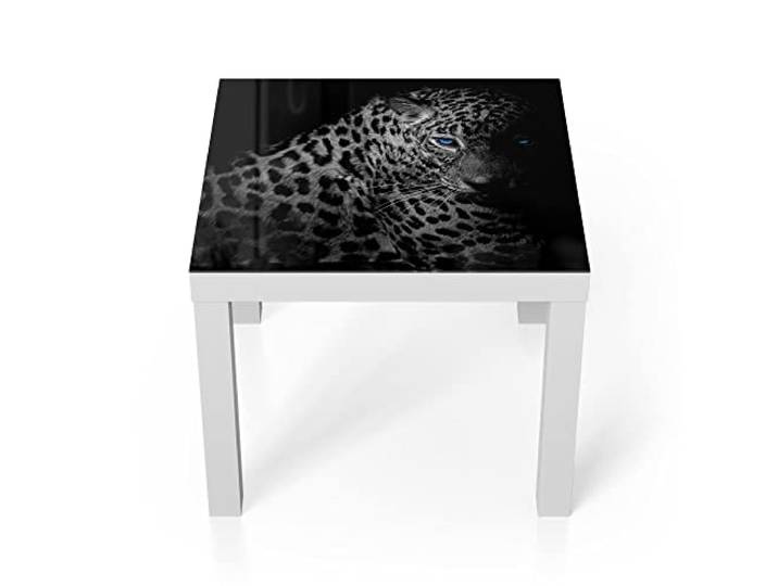 DEQORI Glastisch weiß klein 55x55 cm Motiv Leopard mit blauen Augen ausgefallener Beistelltisch aus Glas Hochglanz Couchtisch fürs Wohnzimmer moderner Couch Tisch mit Design