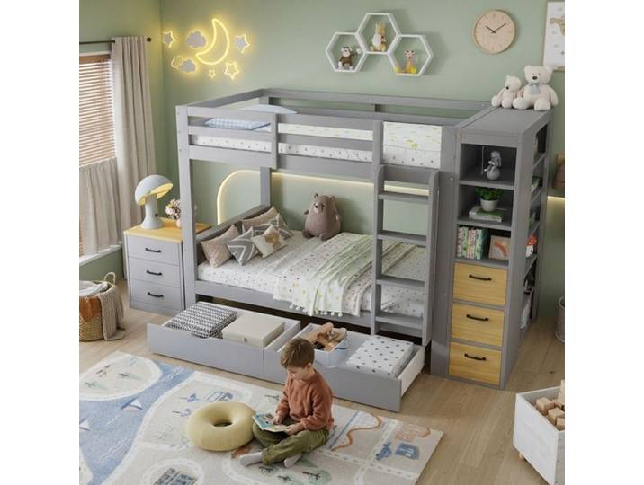 Lit Superposé Enfants 90x200 cm avec étagère de Rangement Latérale Tiroirs échelle et Commode de Chevet à Placer Librement Gris