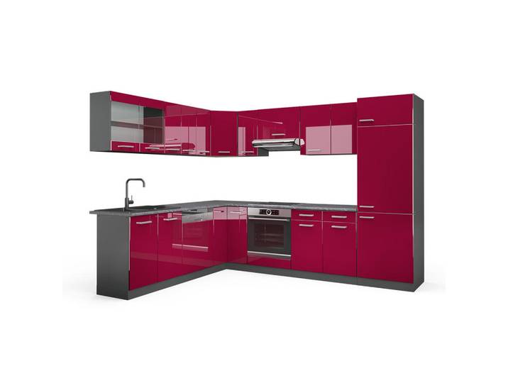 Vicco Eckküche R-Line, Rot Hochglanz/Anthrazit, 287 x 227 cm, AP Anthrazit, Rot, Anthrazit, L-Form,Formgebogen, 287x206.8x60 cm, Küchen, Küchenzeilen & Küchenblöcke, Eckküchen, Eckküchen ohne Geräte