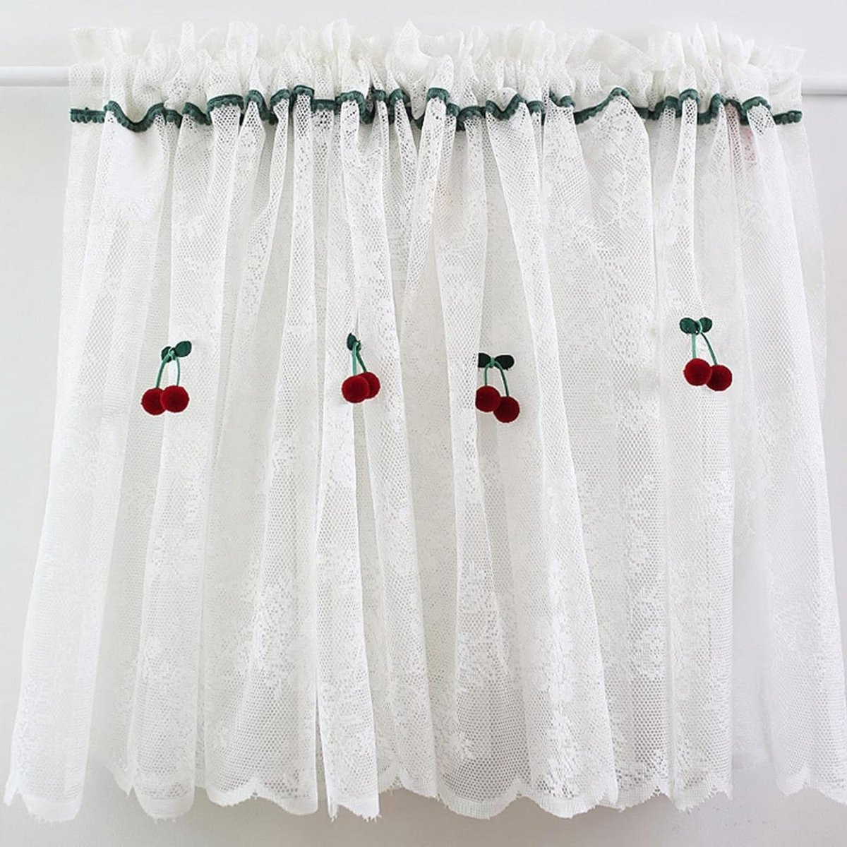 Wit Korte Vitrage Gordijnen met Kersen Decoratie voor de Keuken - Breedte: 180 cm, Hoogte: 45 cm