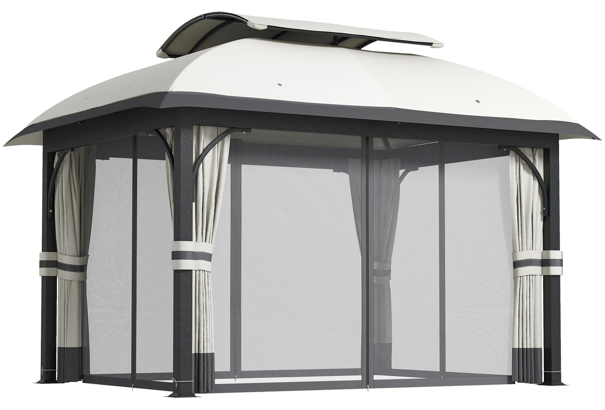 Gartenpavillon, 3,3 x 4 m Gartenzelt mit Netz-Vorhängen, zweistufiges Dach, Kunstleder-Bezug, Metallrahmen, Hellgrau