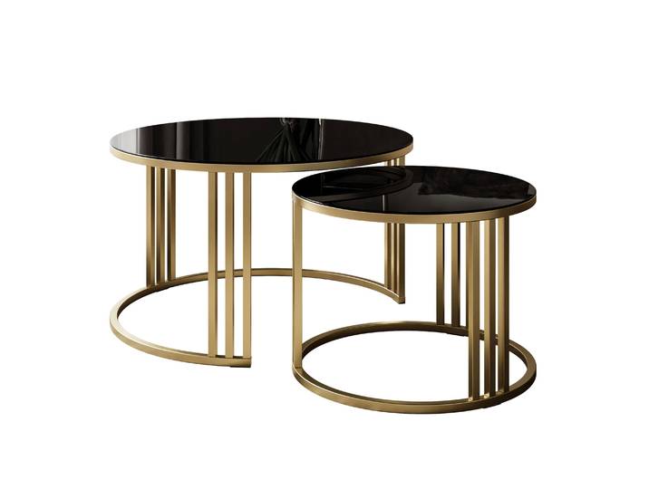 Runder Couchtisch 2in1 LORI GLASS gebürstetes Gold, schwarzes Glas