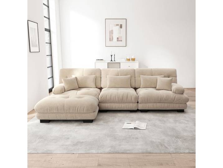 ELVORIN Canapé modulaire L tissu chenille coloris café clair ottomane mobile salon contemporain