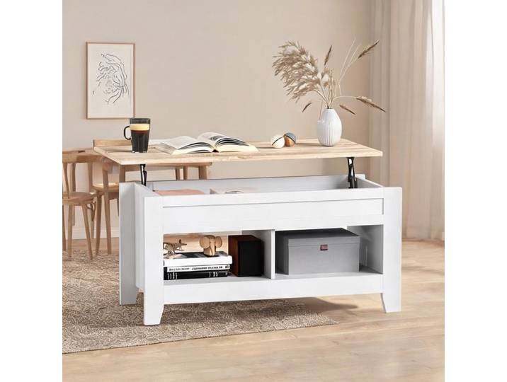 Table basse relevable 105x50 cm style rustique chic blanc et effet bois