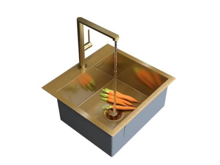 Granitan Spülbecken mit Siphon 45x48 cm, Einbauspüle aus Stahl Silvo48 Edelstahlspüle mit Hahnloch für Spülbecken, Velmo mit Küchenarmatur, Gold