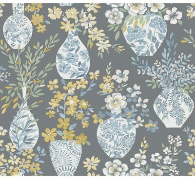 A-Street Prints Harper Grey Floral Vase Wallpaper