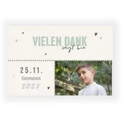 Dankeskarte Kommunion: Dankesherzen mit Foto in Creme