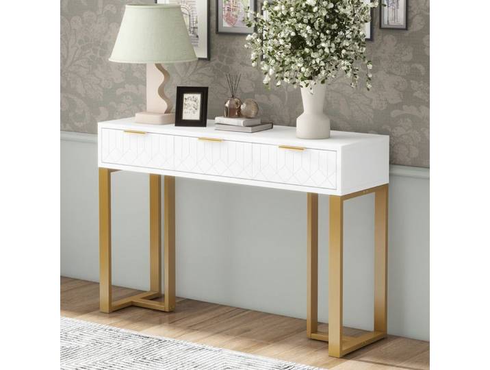 Console - JAERLIUB - Moderne Blanc/Or - 2 Tiroirs - Cadre Doré - Pieds Réglables