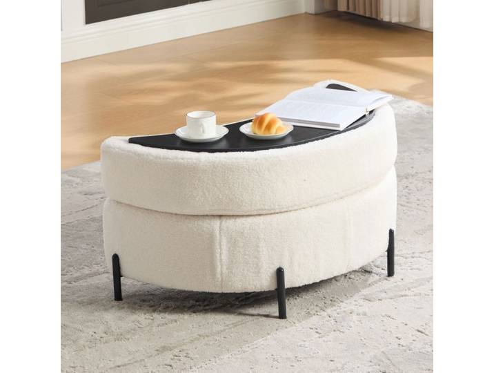 Pouf Ottoman en Bouclé Banc de Rangement avec Plateau - Repose Pieds - 86x47x43cm - Ivoire